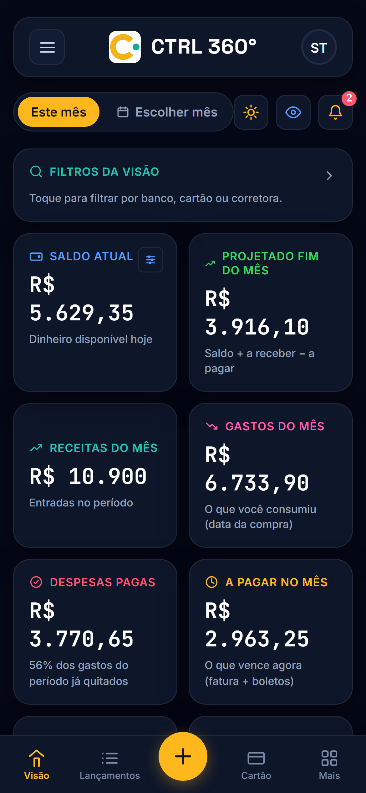 Tela inicial do CTRL 360° no celular, com saldo, projeção do mês e o que ainda vence.