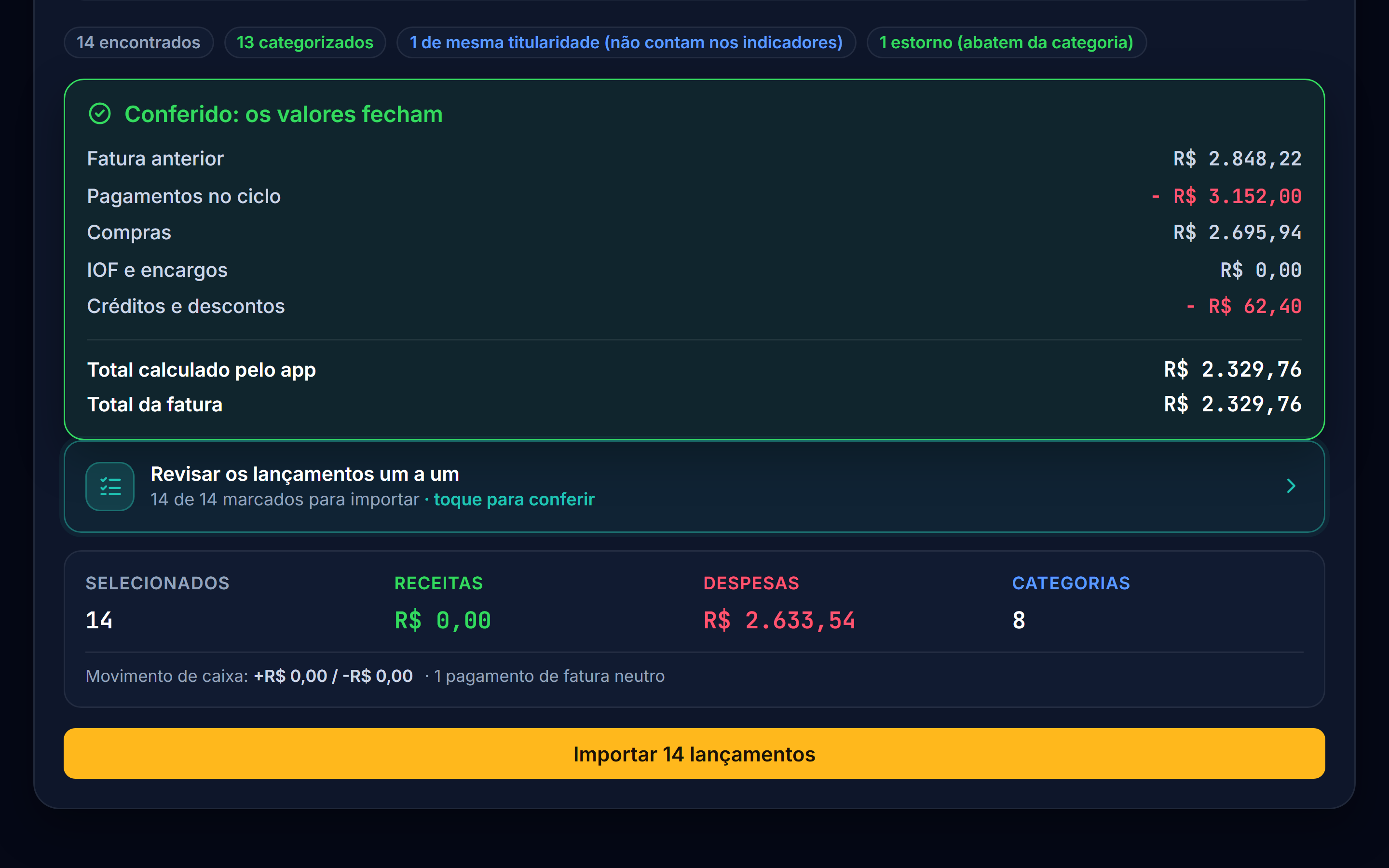 Conferência de uma fatura importada no CTRL 360°: o total calculado pelo app e o total declarado na fatura são iguais.